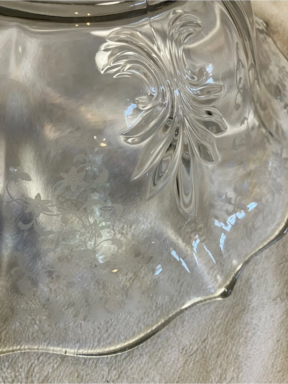 VTG Fostoria Glass Company serving bowl Baroque shape, Chintz floral etching